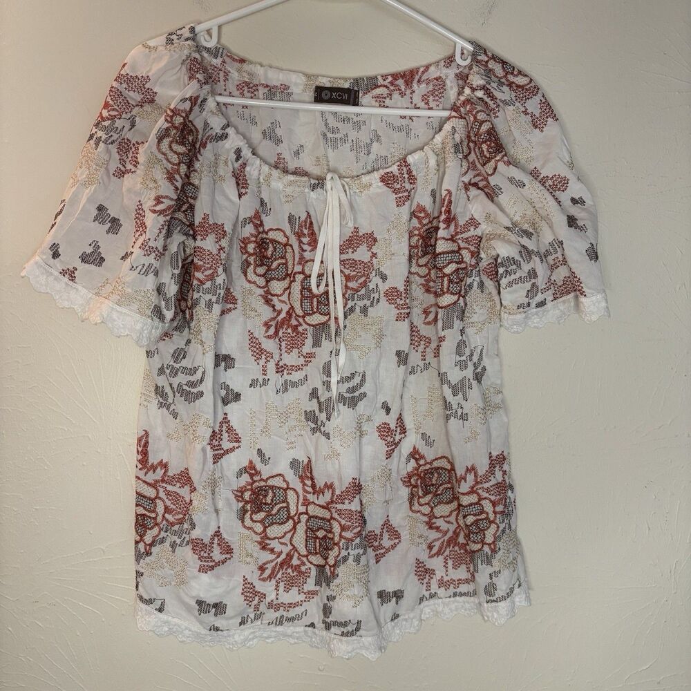 XCVI Tunic Medium Embroidered Tunic Top Boxy Drawstring Cottagecore Boho